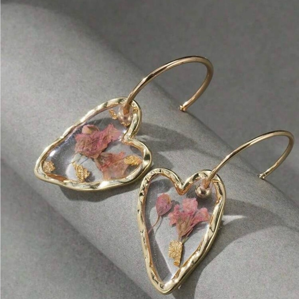 Gold Heart-Shaped Earrings with Pink Floral Accents - Picture 3 of 4